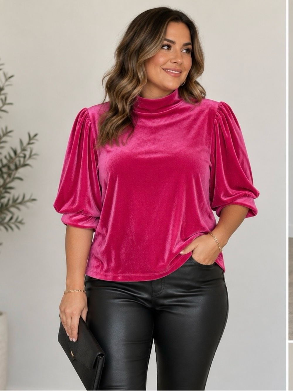 Sanctuary Velvet Puff-Sleeve Mock Neck Top - Fuchsia